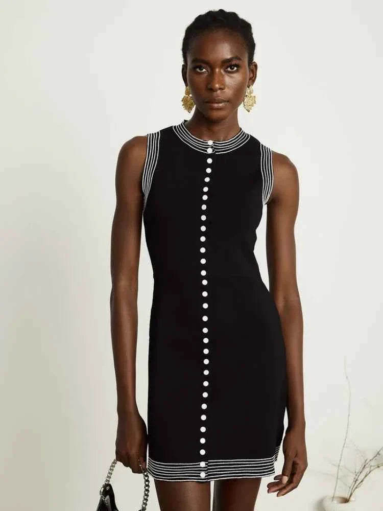 Causal Round Neck Single Row Button Sleeveless Slim Fit Women Dress