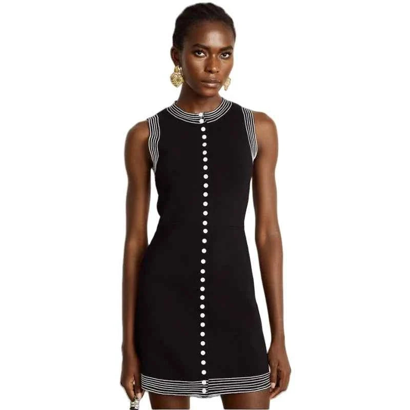 Causal Round Neck Single Row Button Sleeveless Slim Fit Women Dress