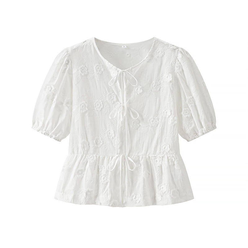 Flower Embroidered Cotton Short-Sleeved Shorts Two-piece Suit