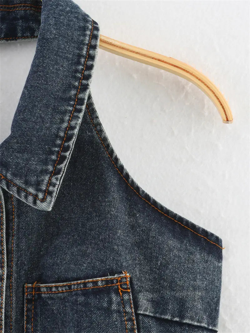 Big Backless Lapel Halter Denim Camisole