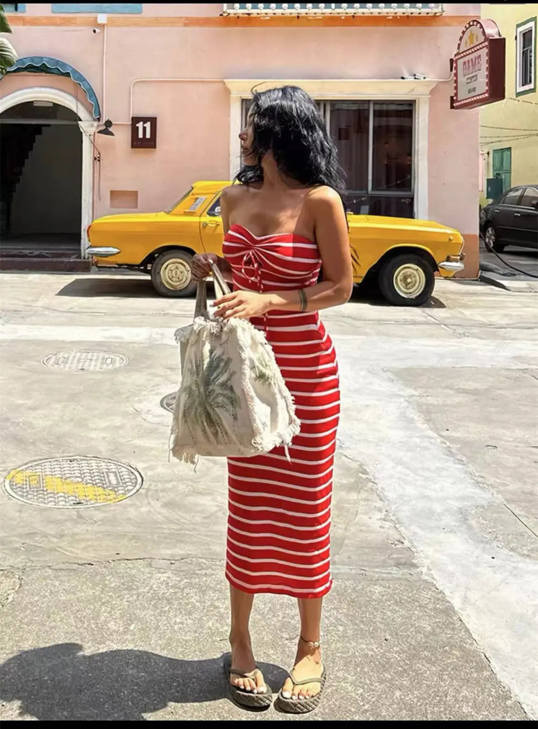 Striped Chest Wrap Hollow Pencil Dress