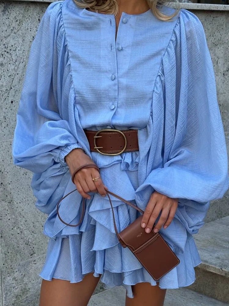 Chic Single Breasted Layered Ruffle Mini Dress