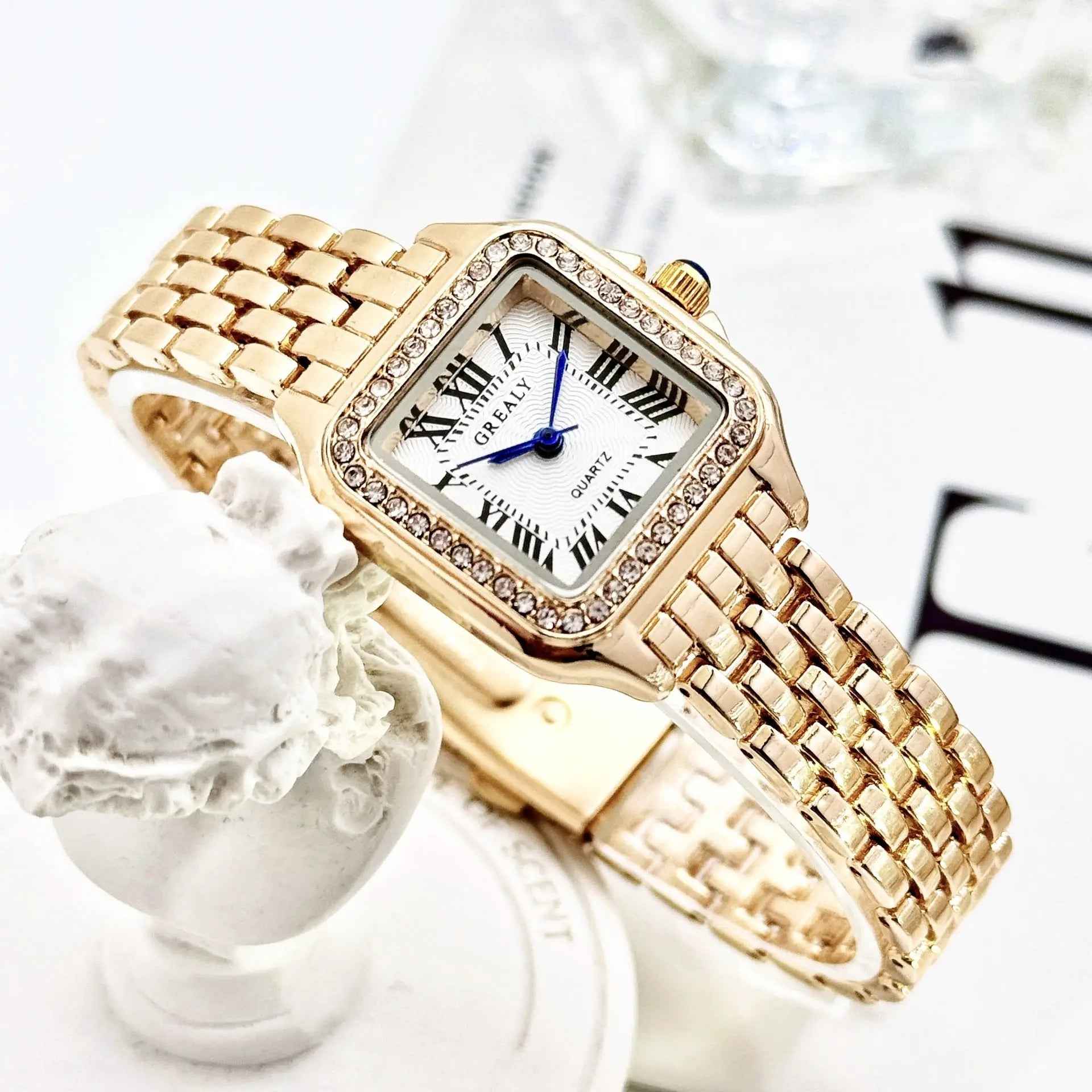 Classic Retro Square Waterproof Women’s Diamond-embedded Watch - Gold And White With Diamond - electronic accessories