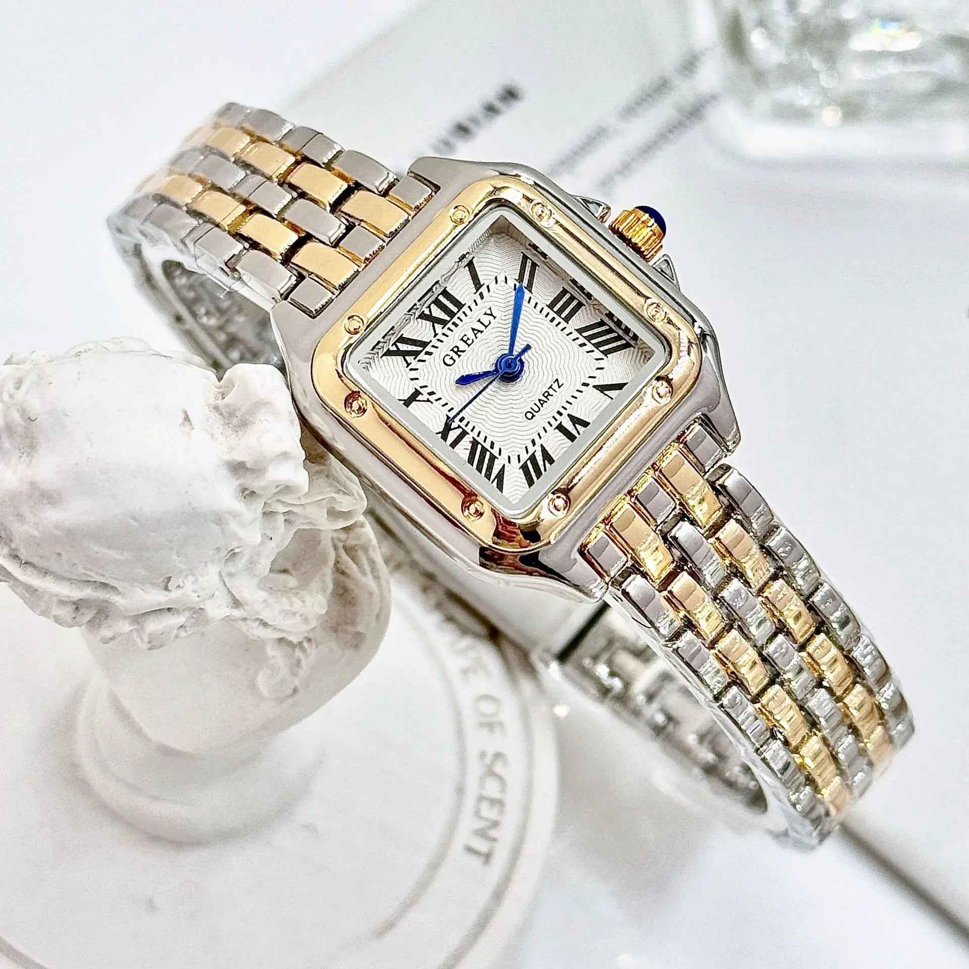 Classic Retro Square Waterproof Women’s Diamond-embedded Watch - Golden White Noodles - electronic accessories