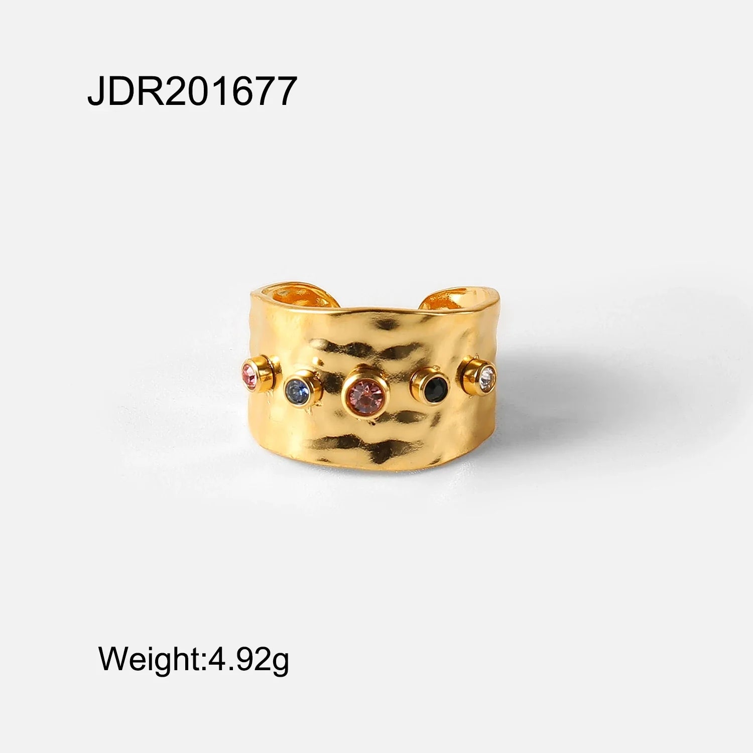 Colorful Cubic Zircon CZ Stone Crystal Wide Stainless Steel Waterproof Ring - JDR201677 / resizable