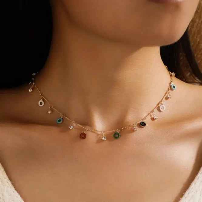 Colorful Oil Round Circle Tassel Single Layer Necklace - Gold - electronic accessories