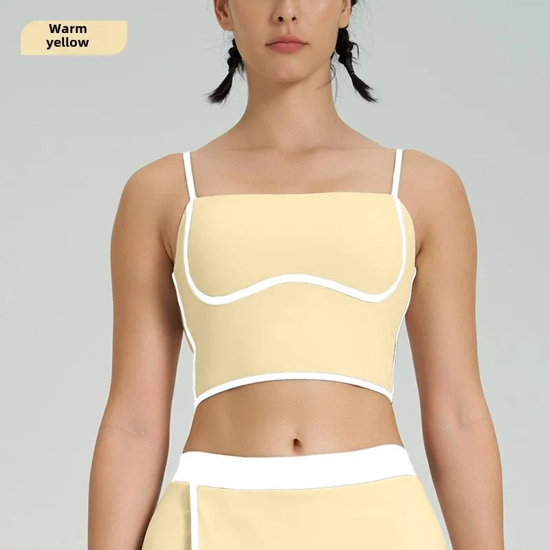 Contrast Color Fast-drying Sports Vest Women’s Fitness High Elastic Yoga Clothes - Warm yellow-top / L