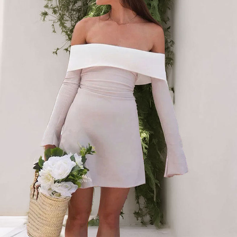 Contrast Color Laminated Chest Wrap Long Sleeve Dress - Apricot / L - Other