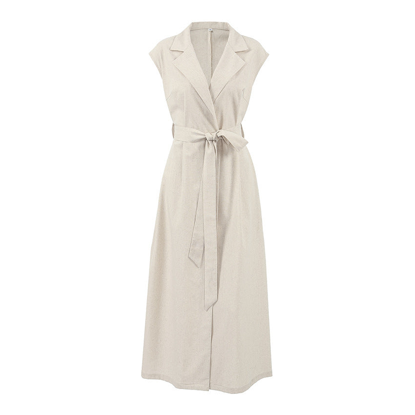 Cotton And Linen Suit Collar Belt Commuter Dress - Other