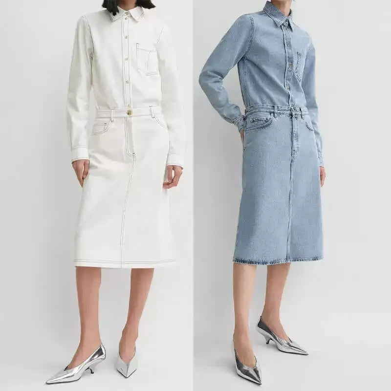 Cotton Jeans Set for Women Casual Versatile Long Sleeve Shirt High Waist Straight Leg Pants