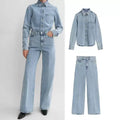 Cotton Jeans Set for Women Casual Versatile Long Sleeve Shirt High Waist Straight Leg Pants