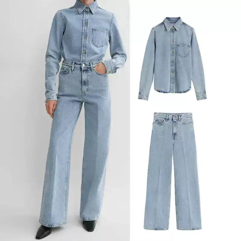 Cotton Jeans Set for Women Casual Versatile Long Sleeve Shirt High Waist Straight Leg Pants