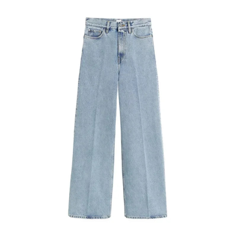 Cotton Jeans Set for Women Casual Versatile Long Sleeve Shirt High Waist Straight Leg Pants - light blue / XL