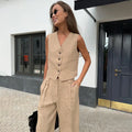 Cotton Linen Blend Vest Wide Leg Pants Suit