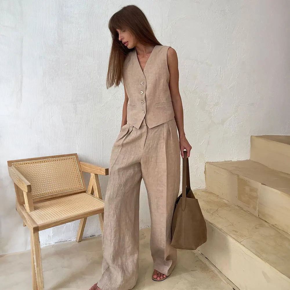 Cotton Linen Blend Vest Wide Leg Pants Suit