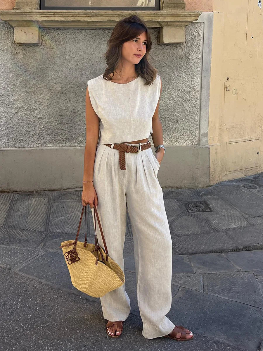 Cotton Linen Vest Pants Set Women - Apricot / M