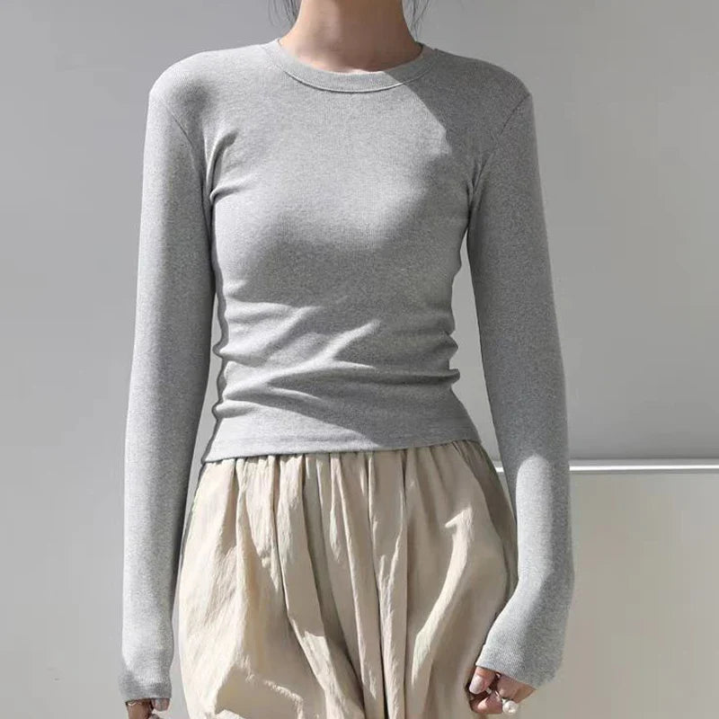 Cotton O Neck Long Sleeve Shirt Women Cropped Tops - Other