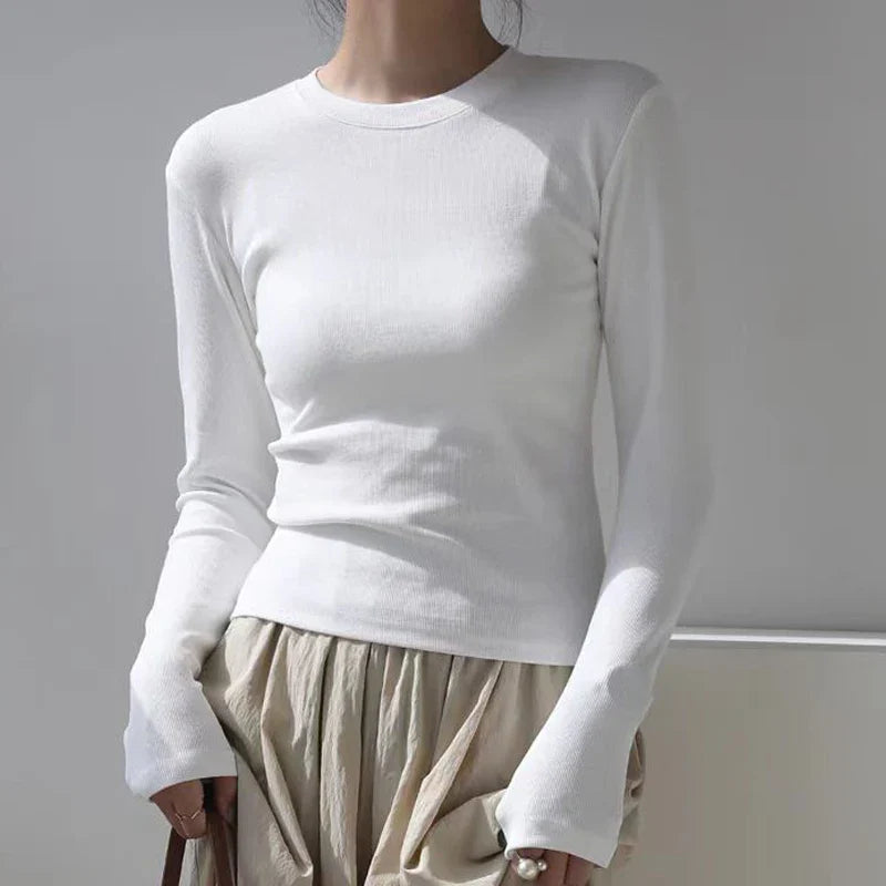 Cotton O Neck Long Sleeve Shirt Women Cropped Tops - Other