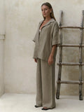 Cotton Short Sleeved Pants 2-piece Set Women’s - Khaki / S