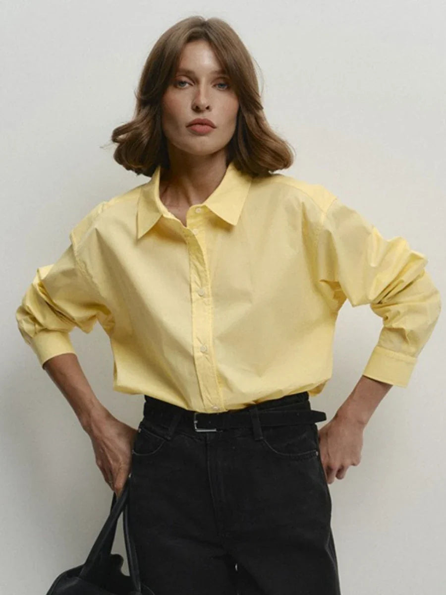 Cotton Solid Color Long Sleeved Shirt - Yellow / M