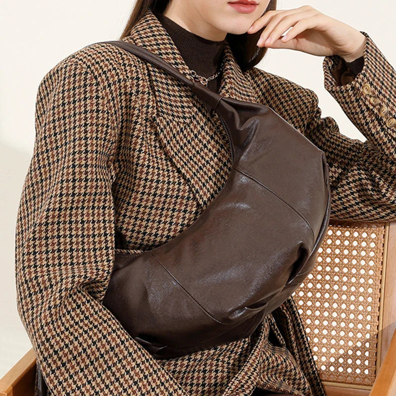 Cowhide Genuine Leather Half Moon Shoulder Bag