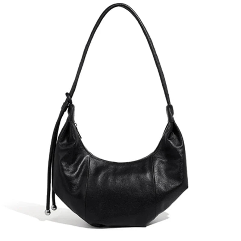 Cowhide Genuine Leather Half Moon Shoulder Bag - Black