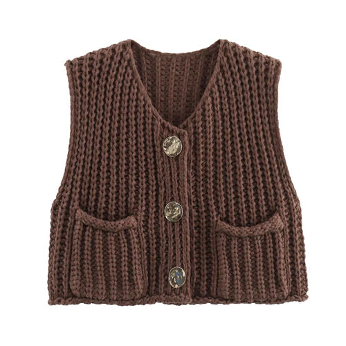 Crop Sweater Women Vest Solid Loose Casual - M / Dark Brown / CHINA - Other