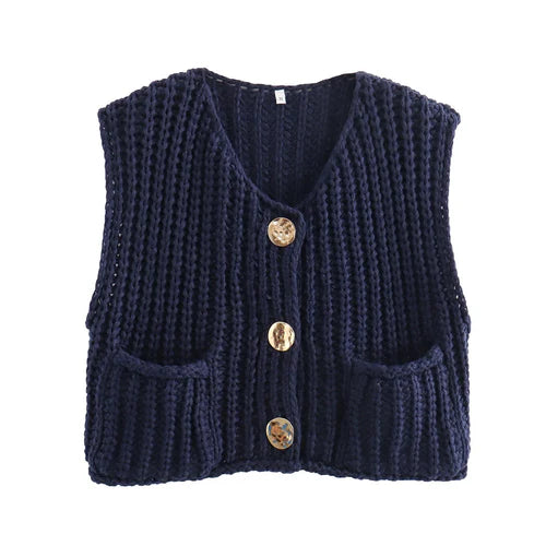 Crop Sweater Women Vest Solid Loose Casual - S / Navy Blue / CHINA - Other