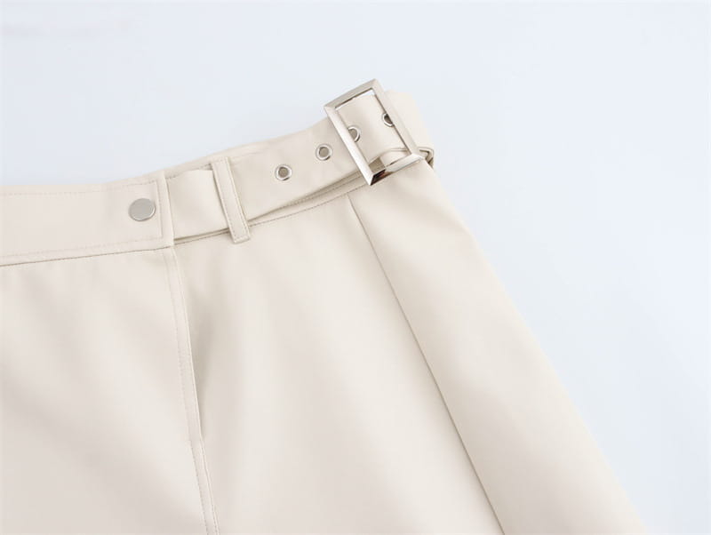 High Waist Pure Color With Belt A- Line Faux Leather Midi Skirt