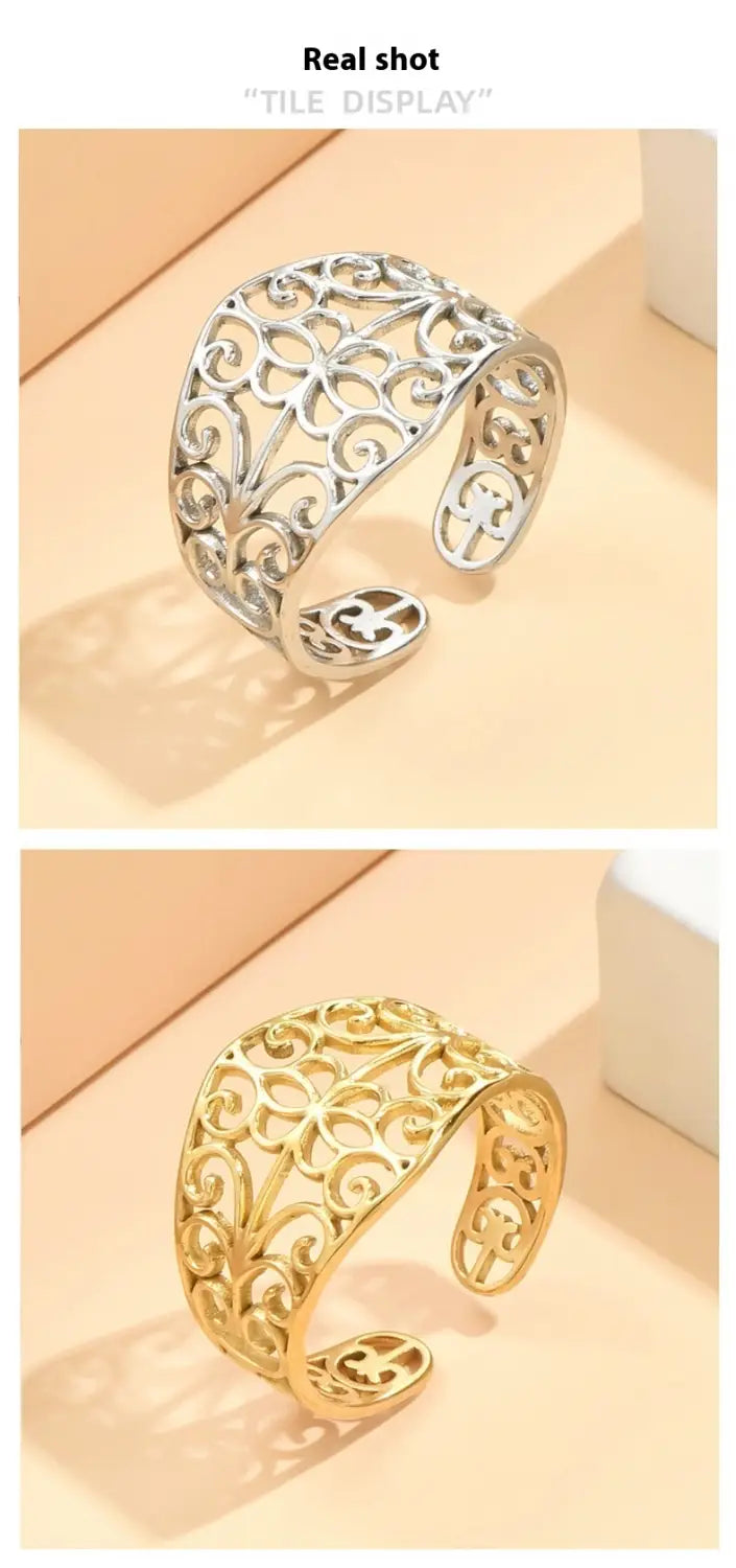 Elegant Retro Style Hollow Pattern Open Stainless Steel Ring For Women