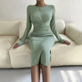 Round Neck Slim-fit Sheath Long Sleeve Dress - Norellé