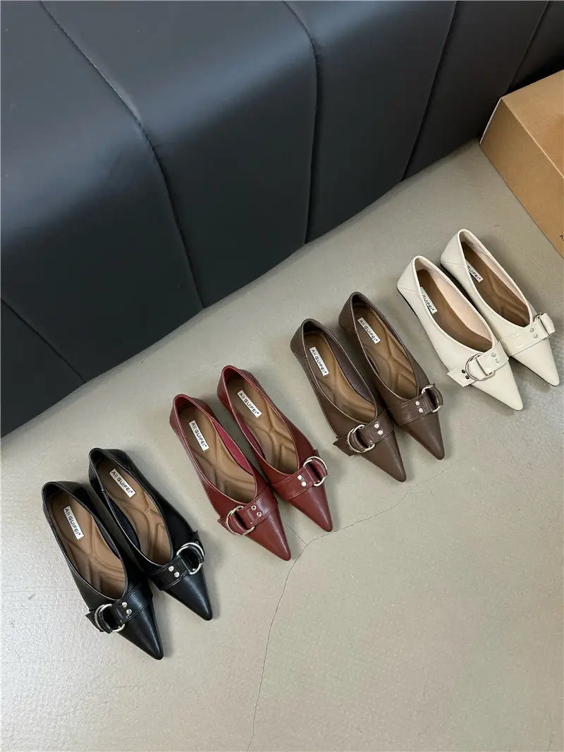 Metal Belt Buckle French Pointed Flat Bottom Pumps