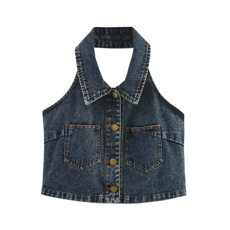 Big Backless Lapel Halter Denim Camisole