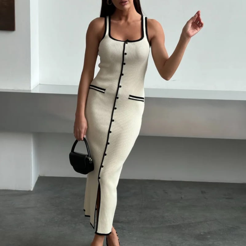 Vest-style Dress Contrast Color Single Row Multi-buckle Slit Long Knitted