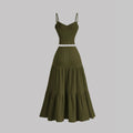Casual Solid Color Ribbed Fit Vest Top And Ruched Hem A- Line Skirt - Norellé