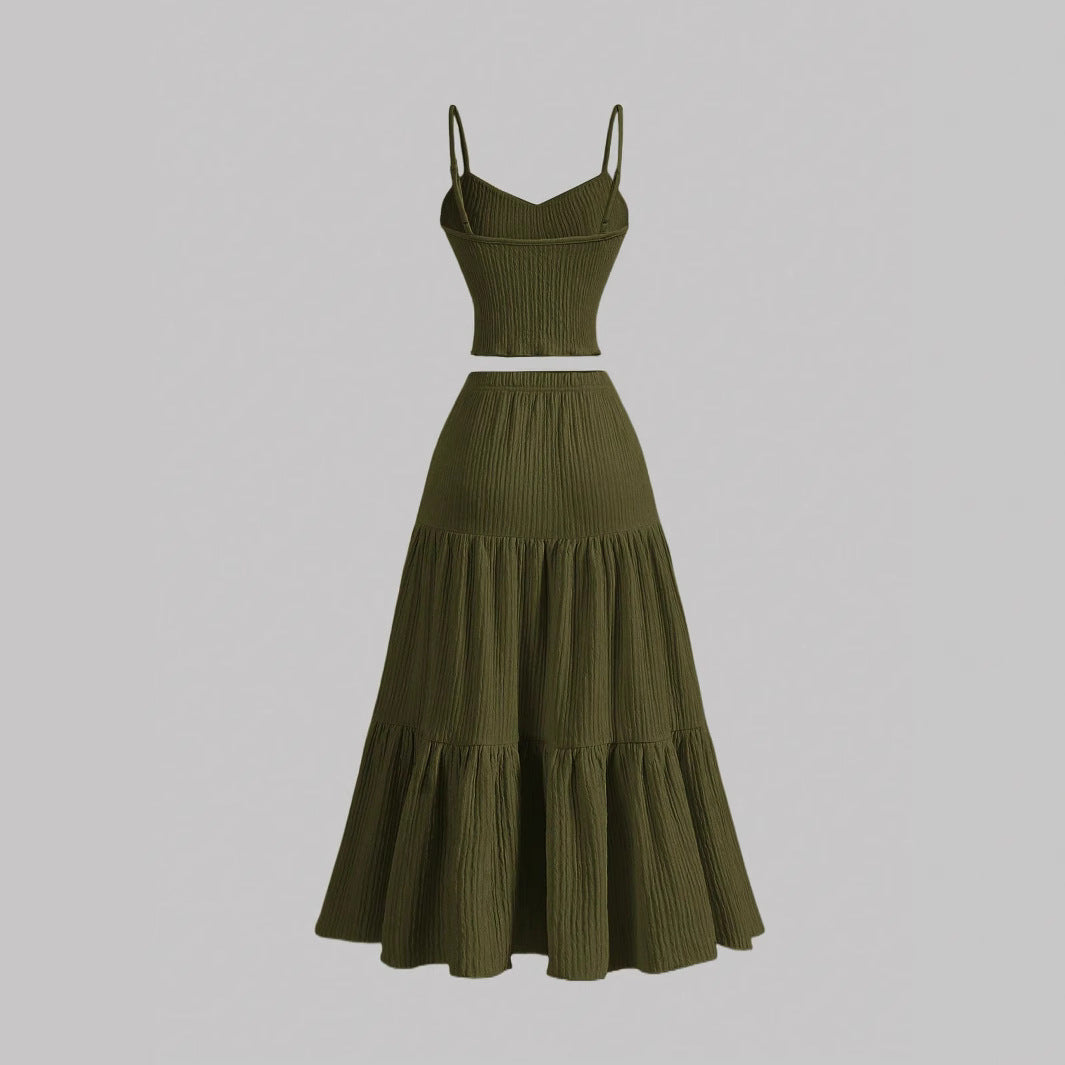 Casual Solid Color Ribbed Fit Vest Top And Ruched Hem A- Line Skirt - Norellé