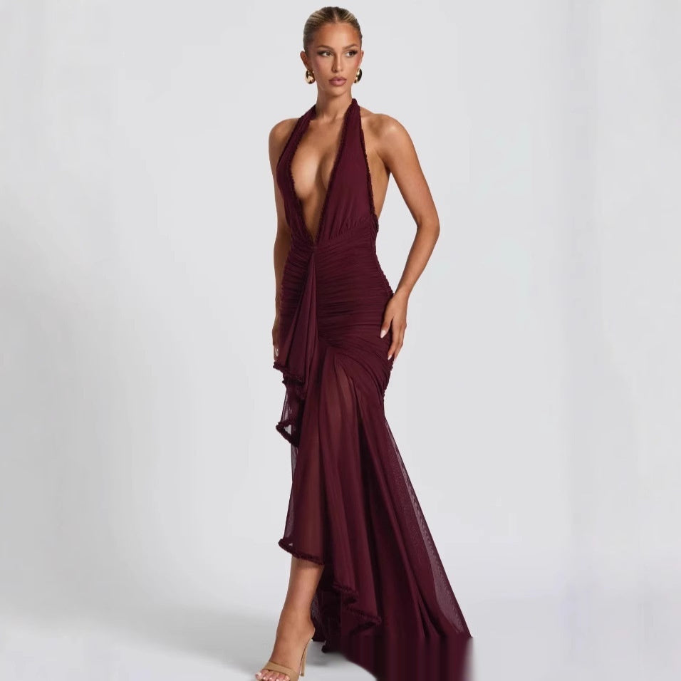 Wine Red Lace Deep V Dress - Norellé