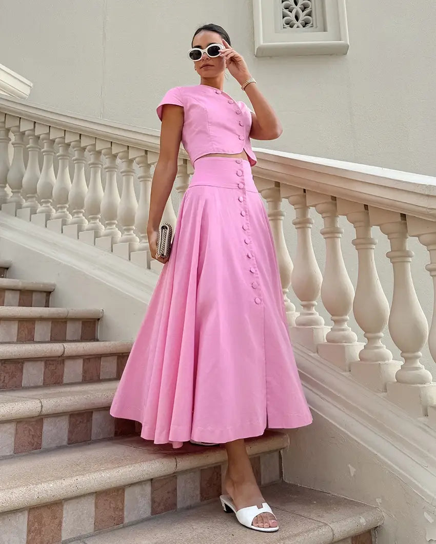 Cotton High Waist V-neck Dress Suit