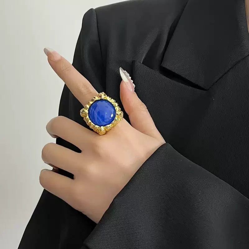 Large Resin Gemstone Open Ring Female Mid-ancient Wide Version Gold - Norellé