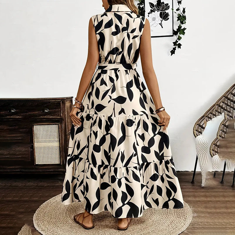 Women Sleeveless Boho Floral Maxi Dress Button Shirt V Neck Flowy Belted - Norellé