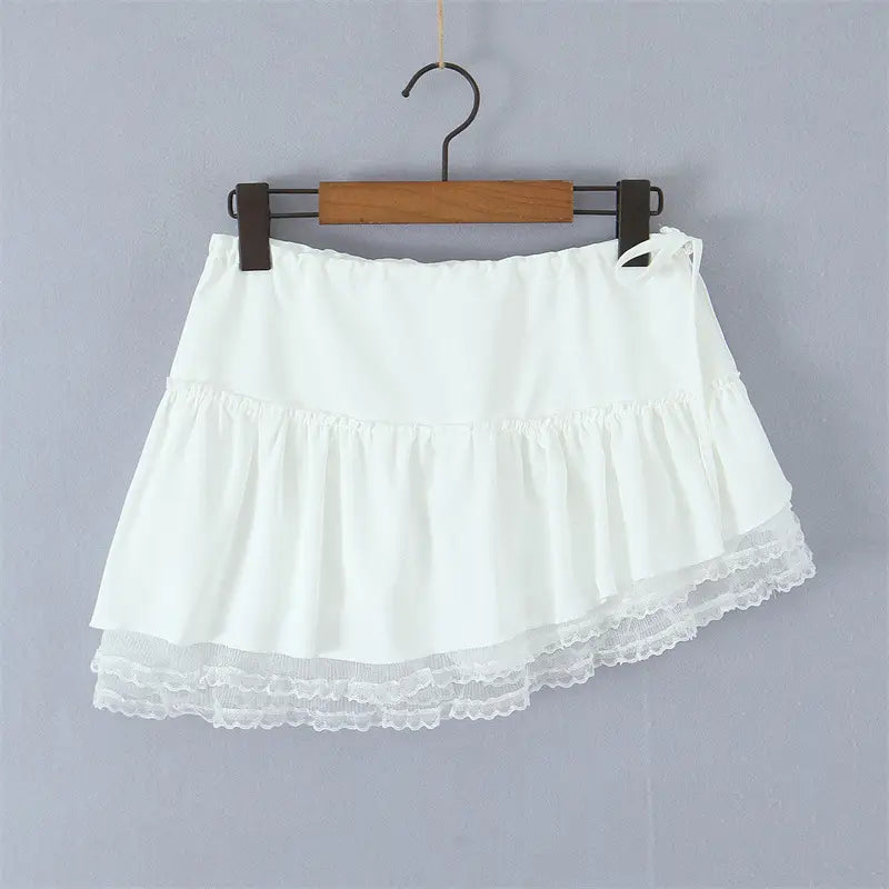 French Elegant Style Casual V-neck Backless Lace Up Halterneck Vest Short Skirt
