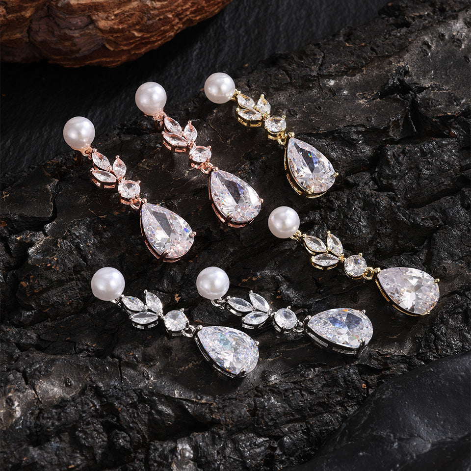 Fashion Leaves Zircon Water Drop Earrings Women - Norellé
