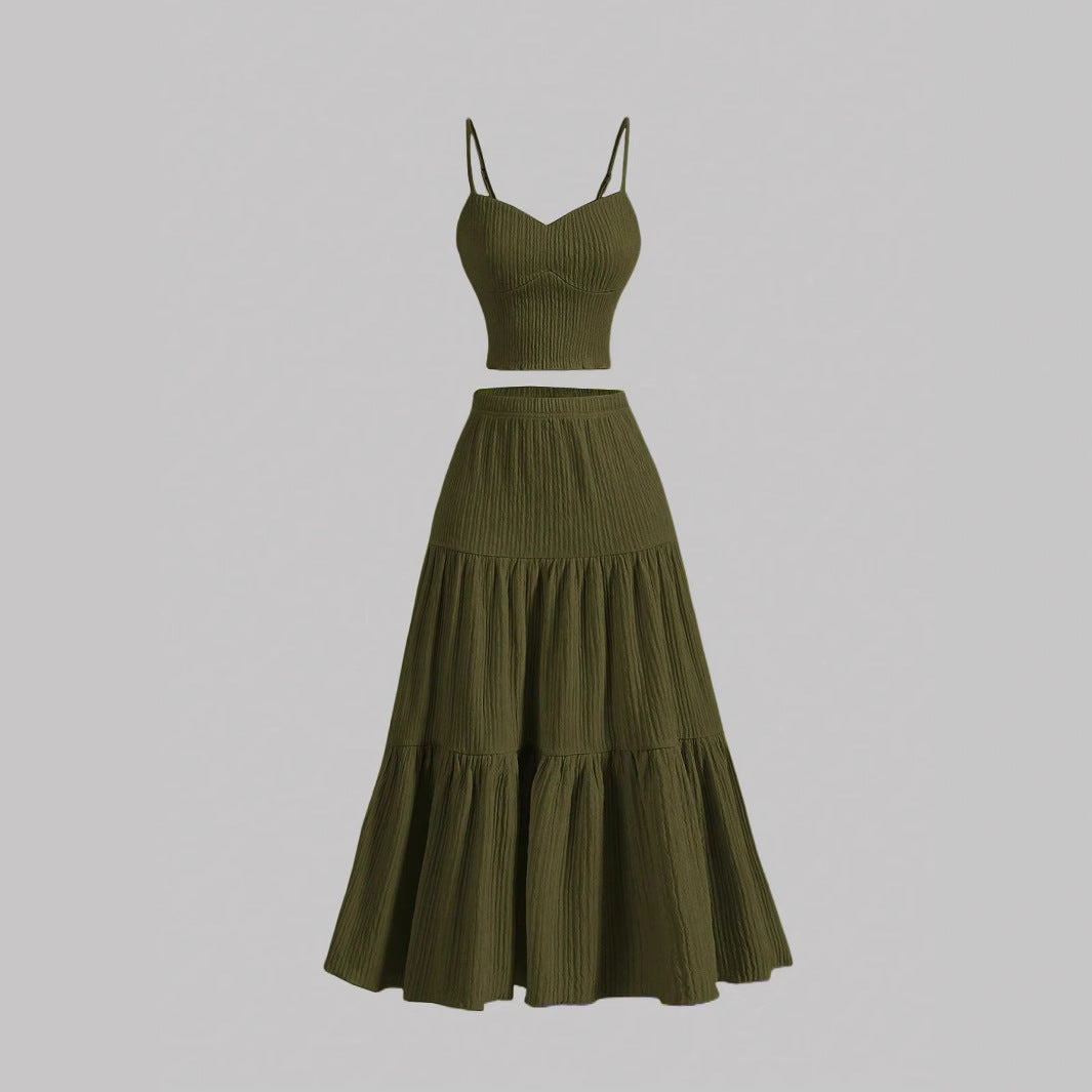 Casual Solid Color Ribbed Fit Vest Top And Ruched Hem A- Line Skirt - Norellé