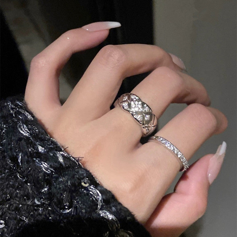 Micro Inlaid Zircon Classic Style Diamond Plaid Ring Open Ring - Norellé