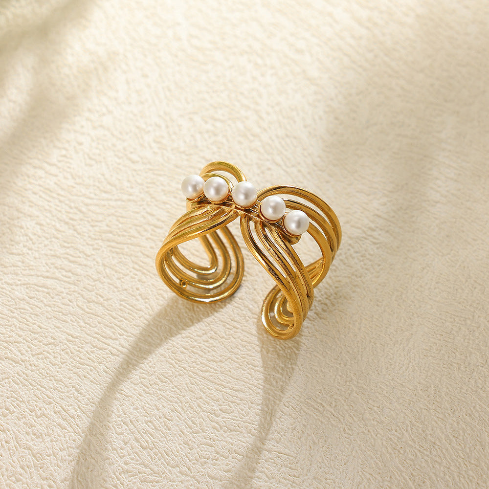 Stainless Steel Pearl Hollow Geometry Open Ring - Norellé