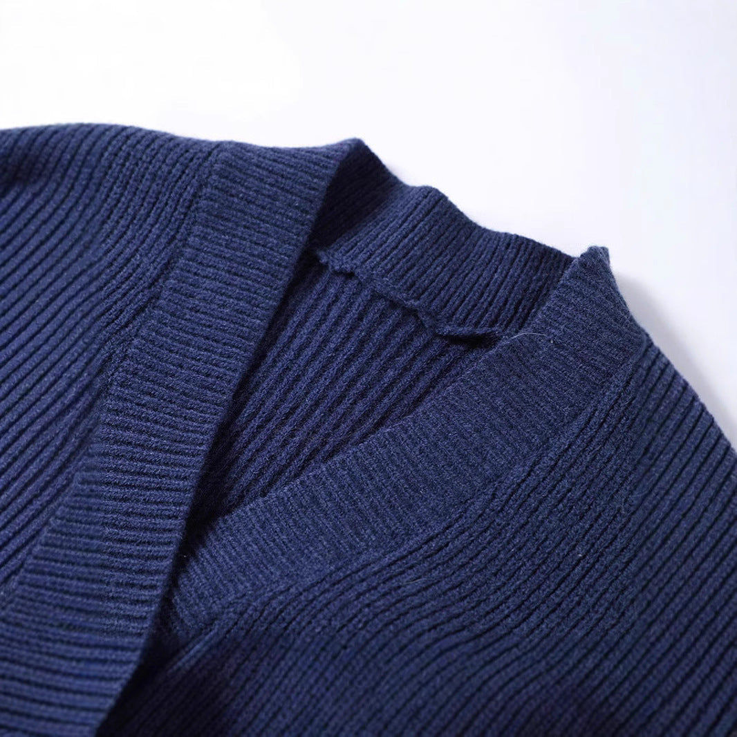 Dark Blue Irregular V-neck Fitted Waist Sweater Knitwear - Other