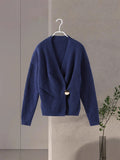 Dark Blue Irregular V-neck Fitted Waist Sweater Knitwear - Other