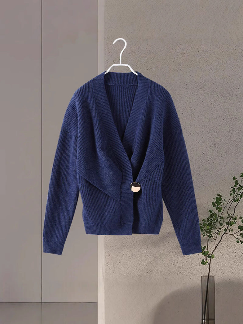 Dark Blue Irregular V-neck Fitted Waist Sweater Knitwear - Other