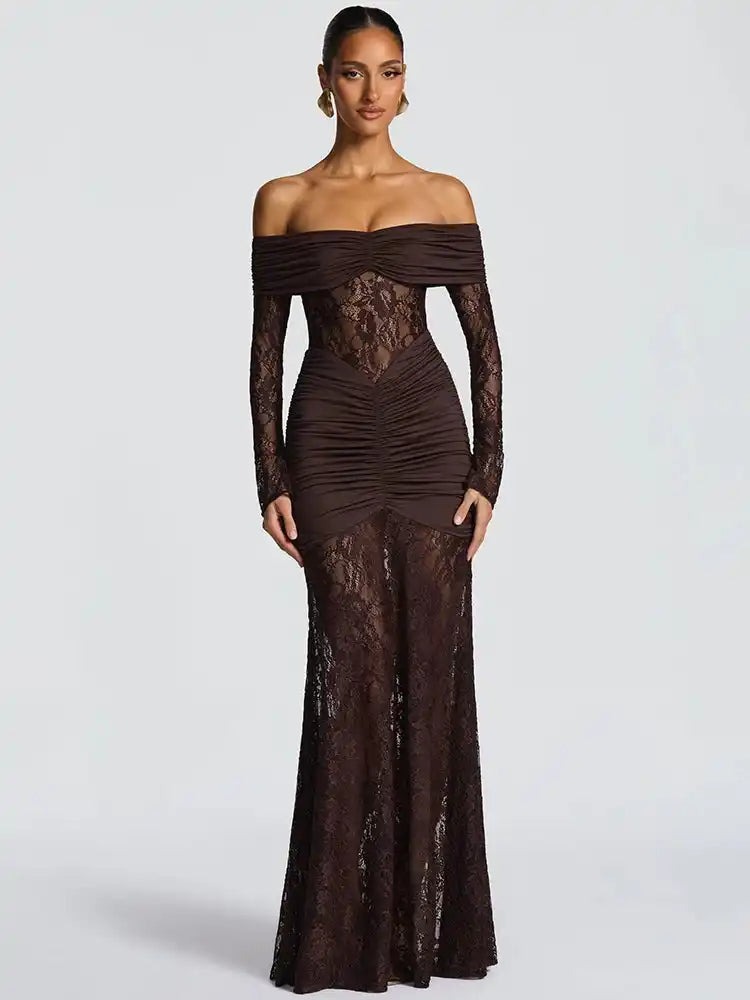 Dark brown off-the-shoulder ruched lace gown.