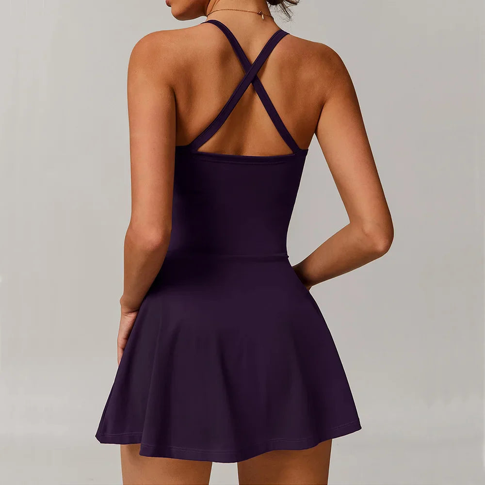 Dark purple V-Neck Knotted Sportswear Gym Dress with criss-cross back straps for yoga boilersuit sleeveless style